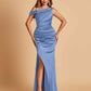 Unique Satin One Shoulder Prom Dresses Side Slit Half Open Back Floor Length