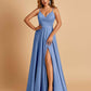 Satin A-line Long Prom Dresses Spaghetti Straps V-neck Side Slit Floor Length