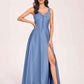 Satin V-neck A-line Prom Dresses Side slit Floor Length