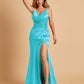 Sexy Satin Mermaid Bridesmaid Dresses Spaghetti Straps V-neck Side Slit Half Open Back