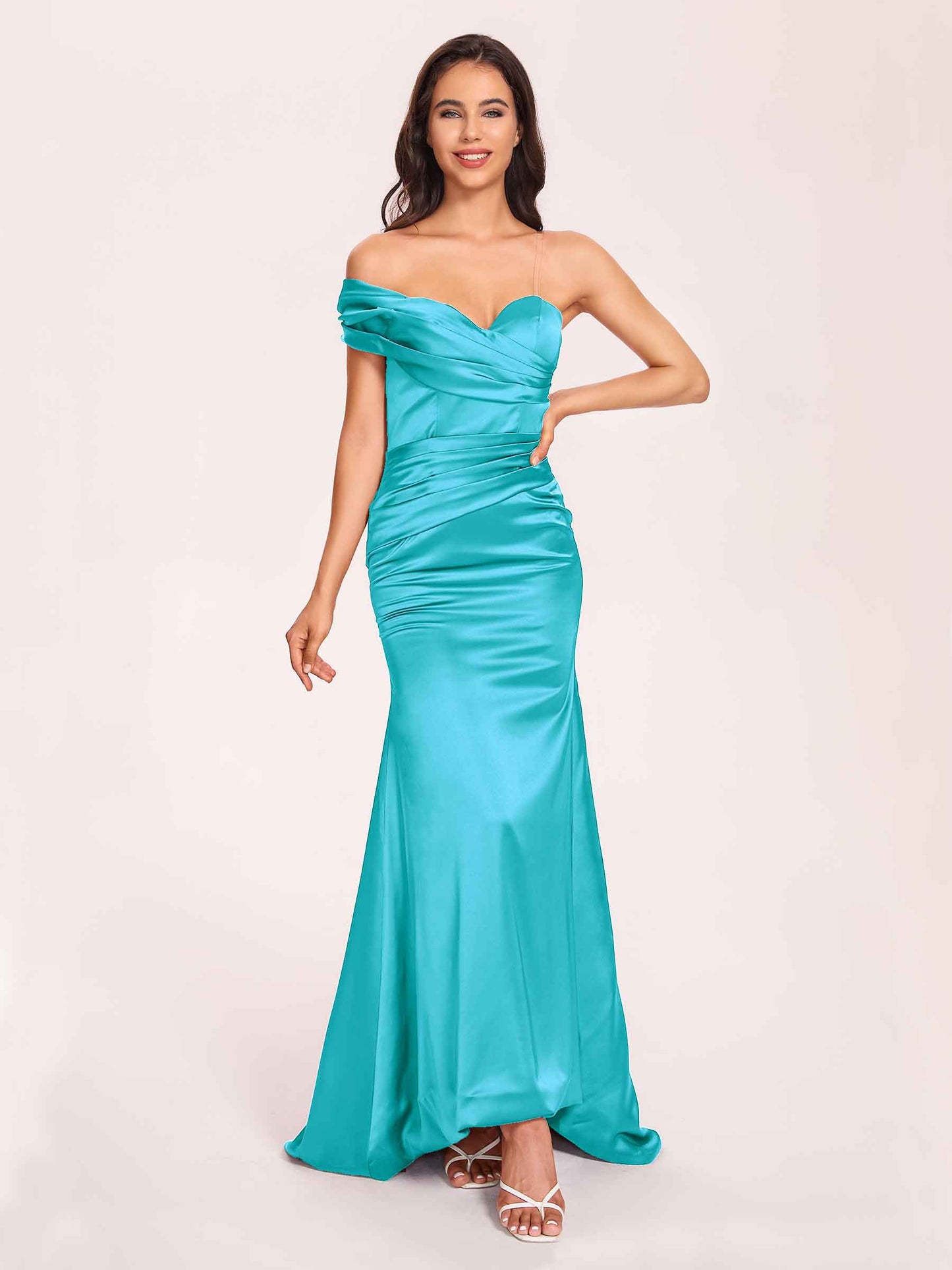 Satin One-shoulder Bridesmaid Dresses Pleats Floor Length Mermaid Long