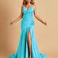 Sexy Satin Mermaid Open Back Prom Dresses Spaghetti Straps V-neck Side Slit