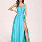 Satin V-neck A-line Prom Dresses Side slit Floor Length