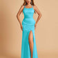 Satin Mermaid Long Bridesmaid Dresses Spaghetti Straps Scoop Side Slit Criss-cross Back