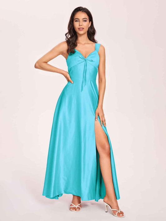 Satin V-neck A-line Bridesmaid Dresses Side slit Floor Length