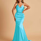 Sexy Satin Mermaid Prom Dresses Spaghetti Straps V-neck Pleats Floor Length