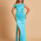 Unique Satin One Shoulder Bridesmaid Dresses Side Slit Half Open Back Floor Length