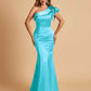 Satin One-shoulder Bridesmaid Dresses Ruffle Sleeves Mermaid Floor Length For Sale