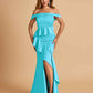 Satin Mermaid Off Shoulder Bridesmaid Dresses With Ruffles Side Slit Floor Length