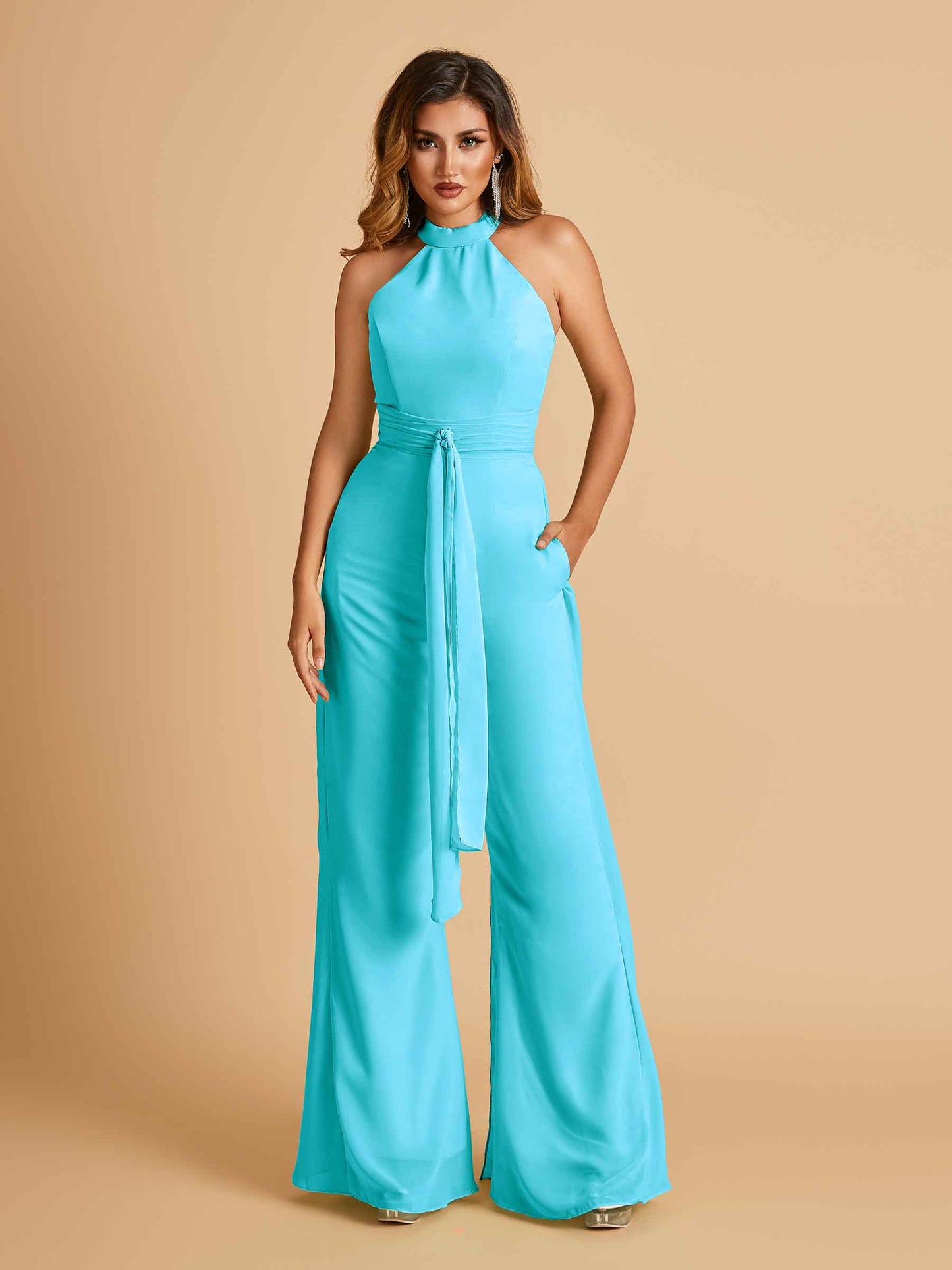 Chiffon Bridesmaid Jumpsuit Jewel Neck Sleeveless Floor Length With Pockets