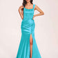 Sexy Satin Square Mermaid Bridesmaid Dresses Pleats Side-Slit Floor-Length Sleeveless
