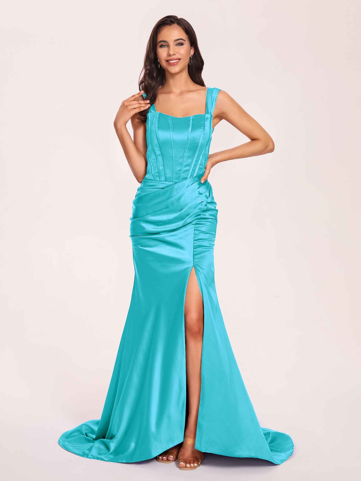 Sexy Satin Square Mermaid Bridesmaid Dresses Pleats Side-Slit Floor-Length Sleeveless