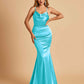 Satin Mermaid Open Back Bridesmaid Dresses Spaghetti Straps Scoop Floor Length