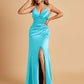 Sexy Satin Sheath Bridesmaid Dresses Spaghetti Straps V-neck Side Slit Pleats Floor Length For Sale