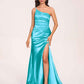 Satin One-shoulder Mermaid Prom Dresses Side Slit Pleats Floor Length