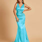 Sexy Satin Criss-cross Back Prom Dresses Mermaid Deep V-neck Back Pleats Floor Length