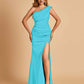 Satin One-shoulder Bridesmaid Dresses Mermaid Side Slit Sleeveless Floor Length