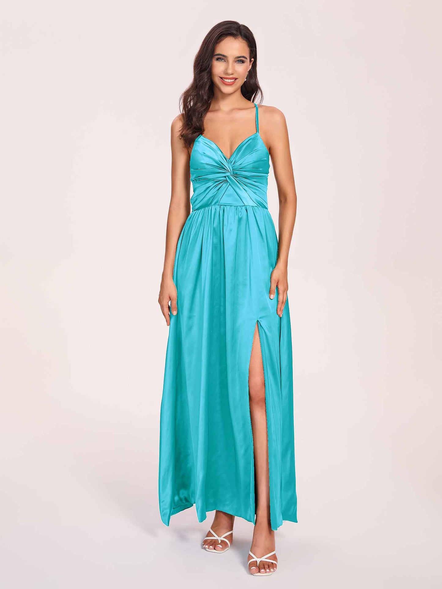 Satin Spaghetti Straps A-line Bridesmaid Dresses Side Slit Floor Length
