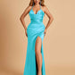 Sexy Satin Halter Straps Sheath Bridesmaid Dresses Side Slit Pleats Floor Length