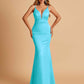 Satin Deep V-neck Mermaid Prom Dresses Open Back Floor Length