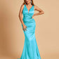 Sexy Satin Criss-cross Back Bridesmaid Dresses Mermaid Deep V-neck Back Pleats Floor Length