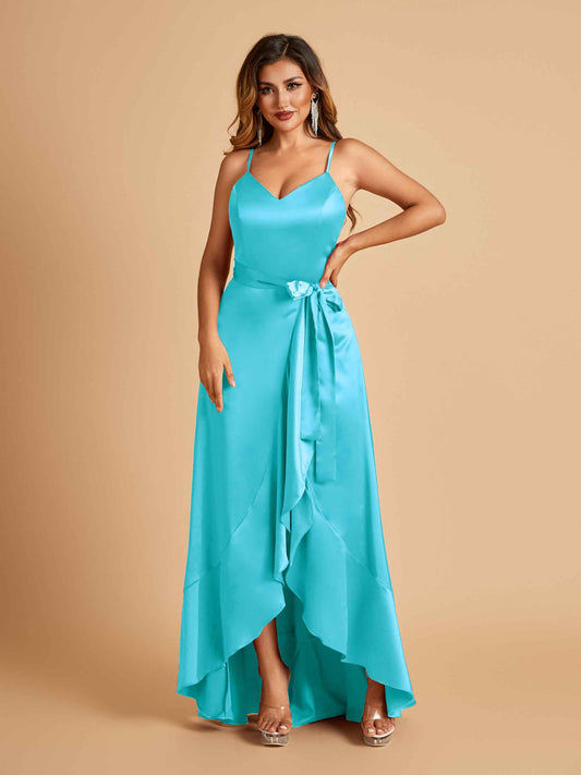 Satin Asymmetric V-neck Bridesmaid Dresses Sleeveless Side Slit A-line Unique