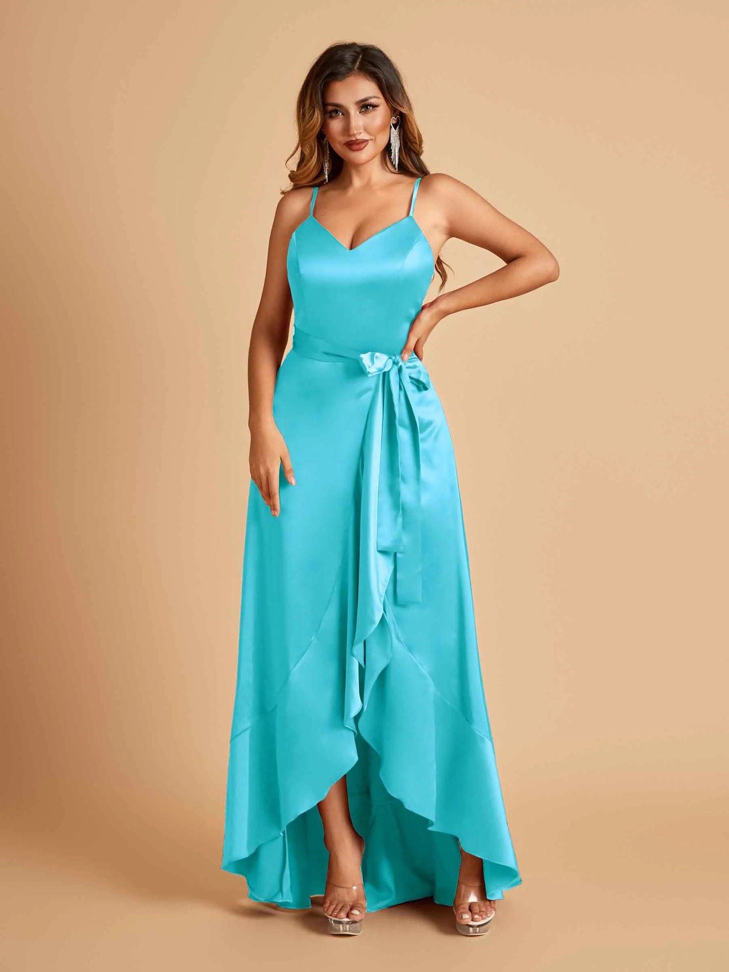 Satin Asymmetric V-neck Bridesmaid Dresses Sleeveless Side Slit A-line Unique For Sale
