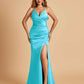 Sexy Satin Mermaid Long Prom Dresses Spaghetti Straps Sweetheart Side Slit Criss-cross Back