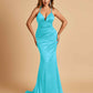 Satin Mermaid Open-back Bridesmaid Dresses Spaghetti Straps V-neck With Pleats Floor Length