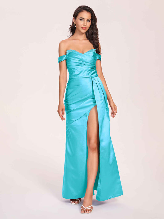 Elegant Satin Off Shoulder Bridesmaid Dresses Side-slit Sweetheart Floor Length Sheath