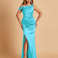 Unique Satin One Shoulder Prom Dresses Side Slit Half Open Back Floor Length