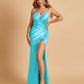 Sexy Satin Spaghetti Straps Prom Dresses V-neck Side Slit Pleats Floor Length Sheath
