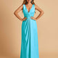 Sexy Satin Deep V-neck Long Bridesmaid Dresses A-line Pleats Sleeveless Floor Length