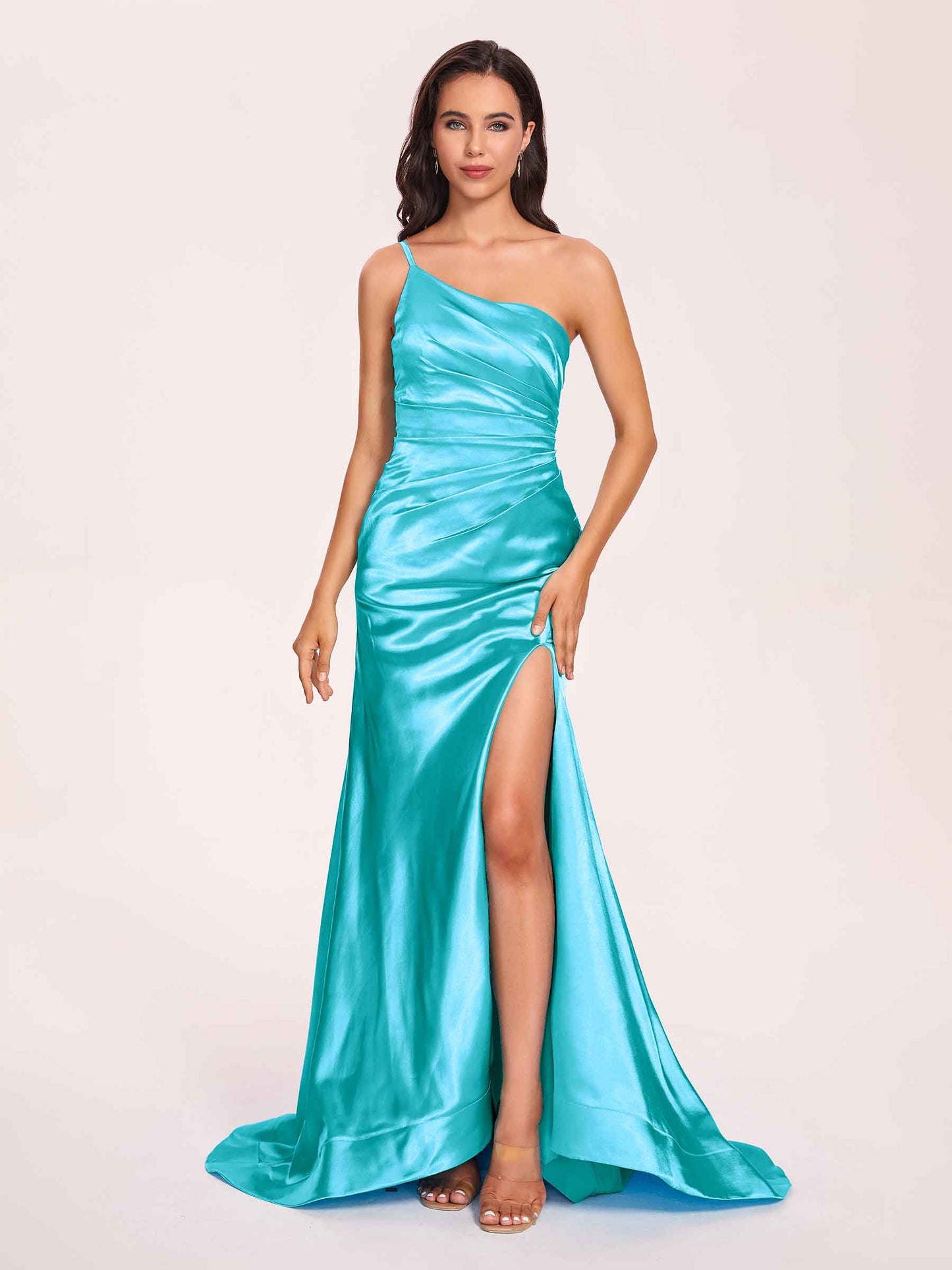 Satin One-shoulder Mermaid Bridesmaid Dresses Side Slit Pleats Floor Length