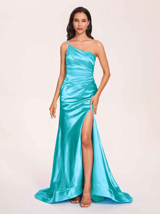 Satin One-shoulder Mermaid Bridesmaid Dresses Side Slit Pleats Floor Length