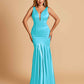 Satin Deep V-neck Mermaid Bridesmaid Dresses Half Open Back Floor Length