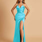 Sexy Satin Halter Straps Sheath Prom Dresses Side Slit Pleats Floor Length