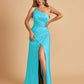 Satin One Shoulder Sheath Prom Dresses Spaghetti Straps Side Slit Floor Length