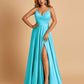 Satin A-line Long Prom Dresses Spaghetti Straps V-neck Side Slit Floor Length