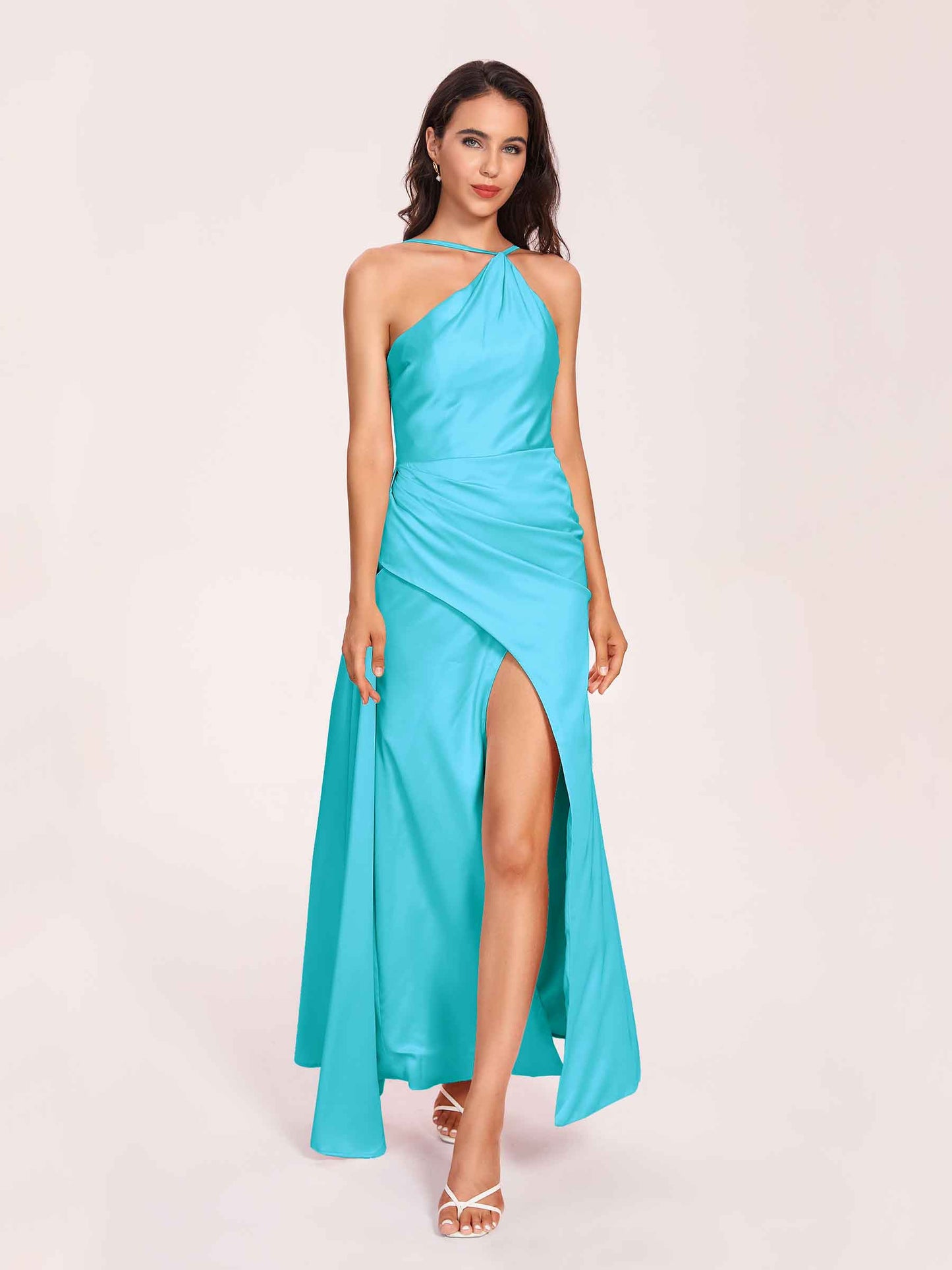 Sexy Satin Halter Strap Sheath Bridesmaid Dresses Side Slit Pleats Floor Length