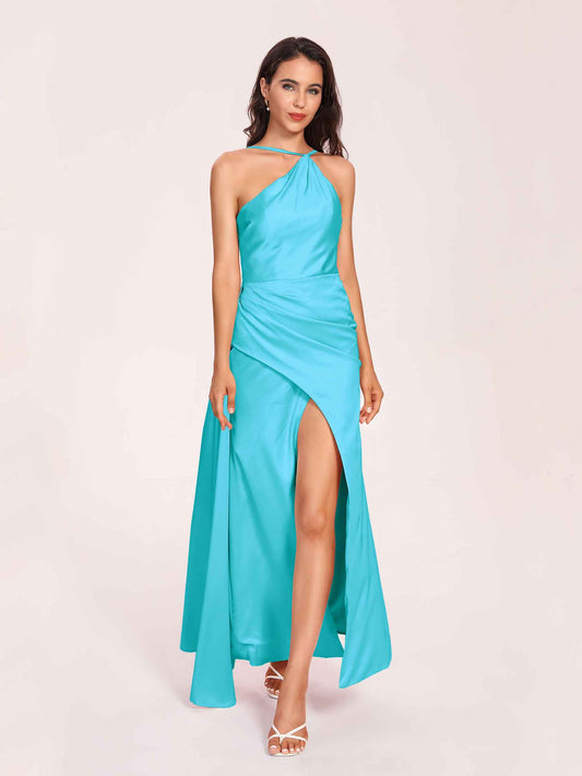 Sexy Satin Halter Strap Sheath Bridesmaid Dresses Side Slit Pleats Floor Length