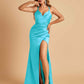 Satin Spaghetti Straps Long Prom Dresses V-neck Side Slit Criss-cross Back Sheath