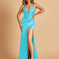 Sexy Sweetheart Sheath Prom Dresses Spaghetti Straps Satin Side Slit Pleats Floor Length