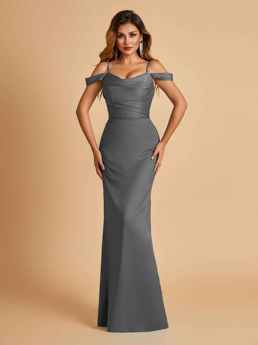 Sexy Off Shoulder Mermaid Long Bridesmaid Dresses Satin Spaghetti Straps Floor Length