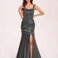 Sexy Satin Square Mermaid Bridesmaid Dresses Pleats Side-Slit Floor-Length Sleeveless