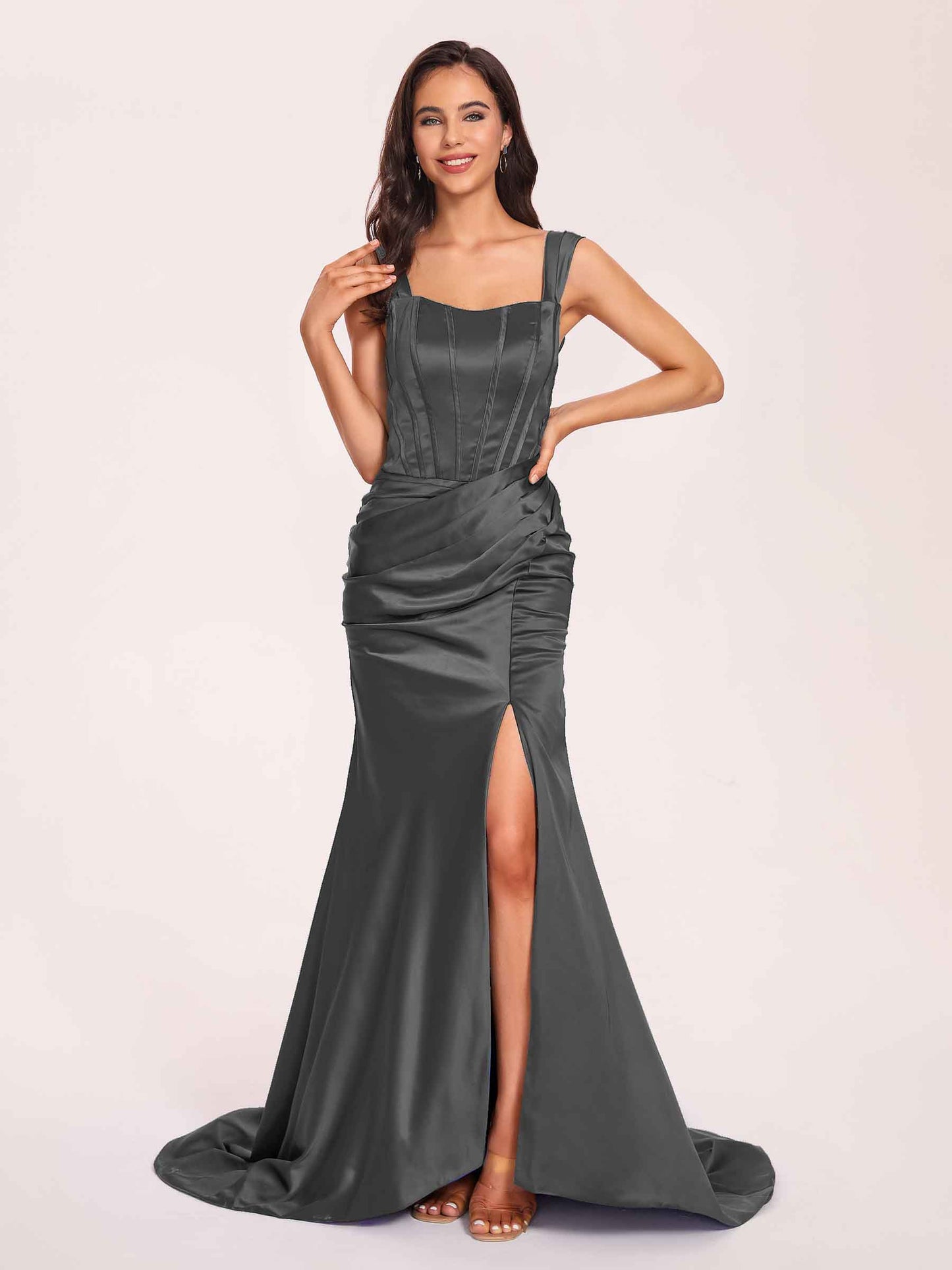 Sexy Satin Square Mermaid Bridesmaid Dresses Pleats Side-Slit Floor-Length Sleeveless