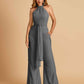 Chiffon Bridesmaid Jumpsuit Jewel Neck Sleeveless Floor Length With Pockets