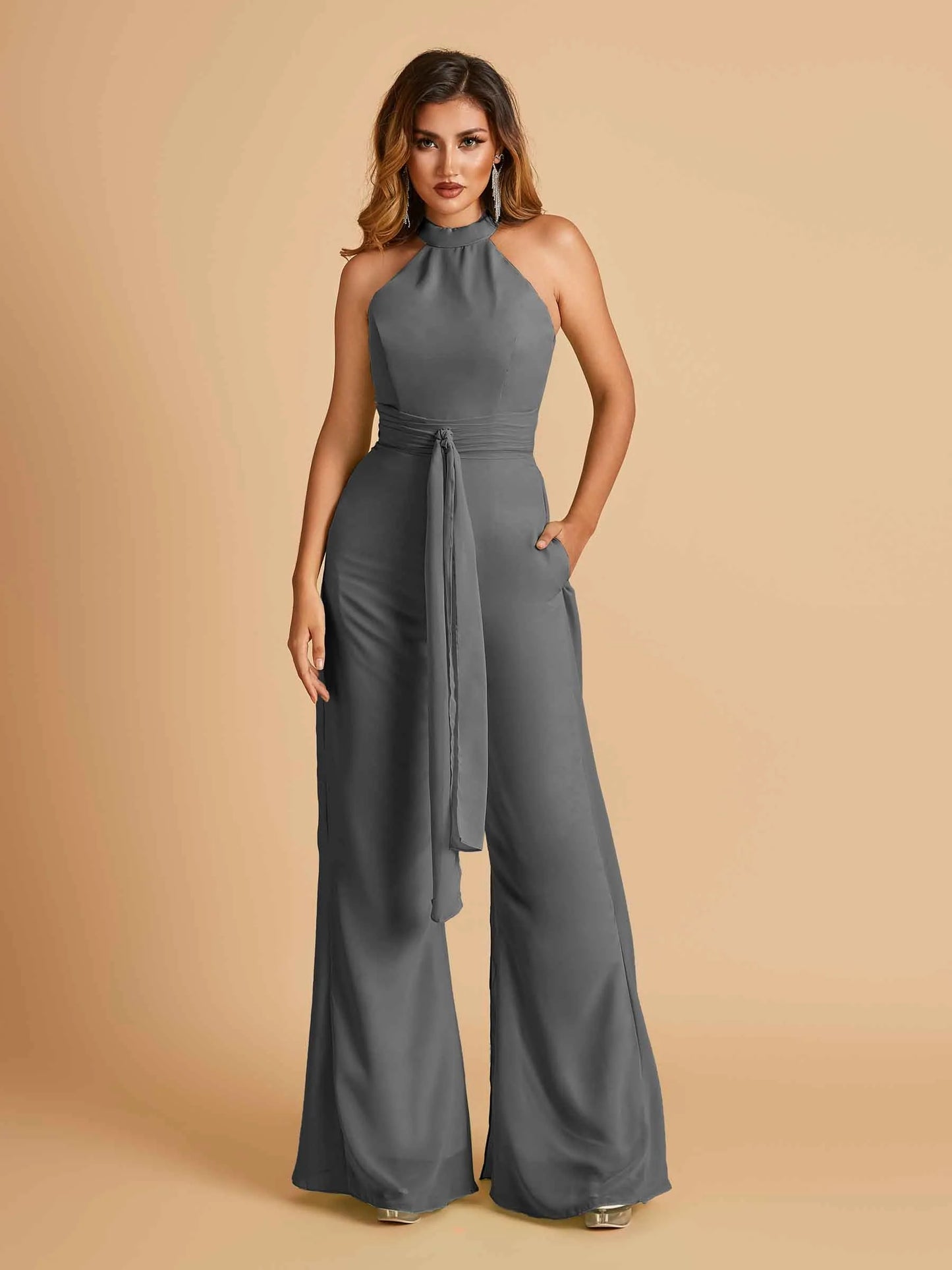 Chiffon Bridesmaid Jumpsuit Jewel Neck Sleeveless Floor Length With Pockets For Sale