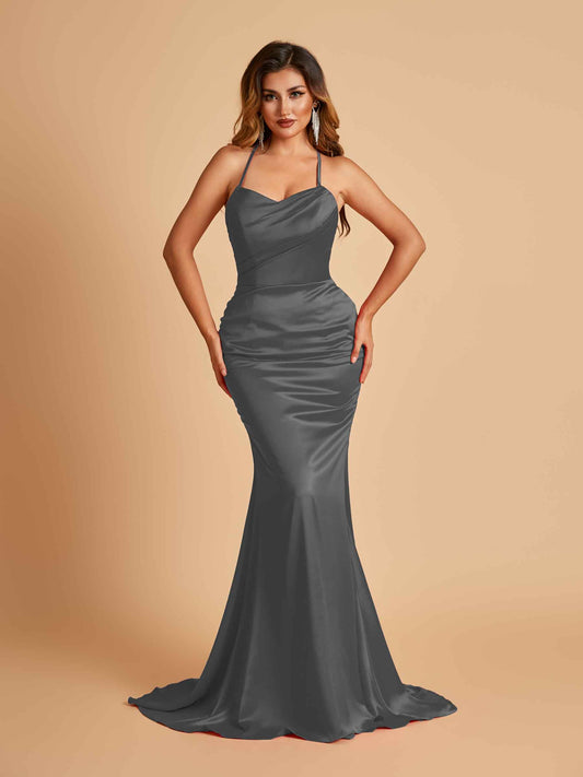 Sexy Satin Mermaid Bridesmaid Dresses Spaghetti Straps Scoop Criss-cross Back