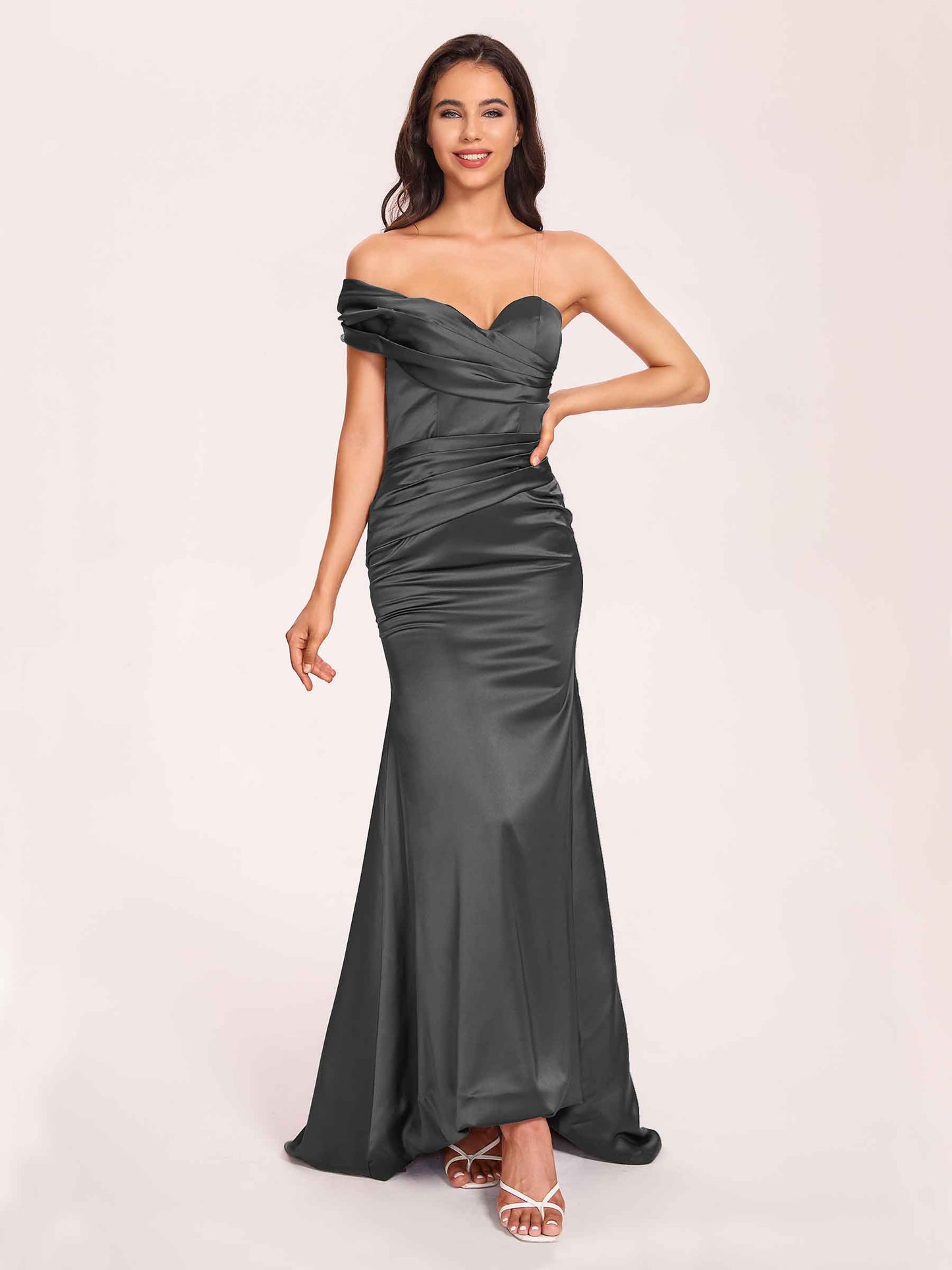 Satin One-shoulder Bridesmaid Dresses Pleats Floor Length Mermaid Long